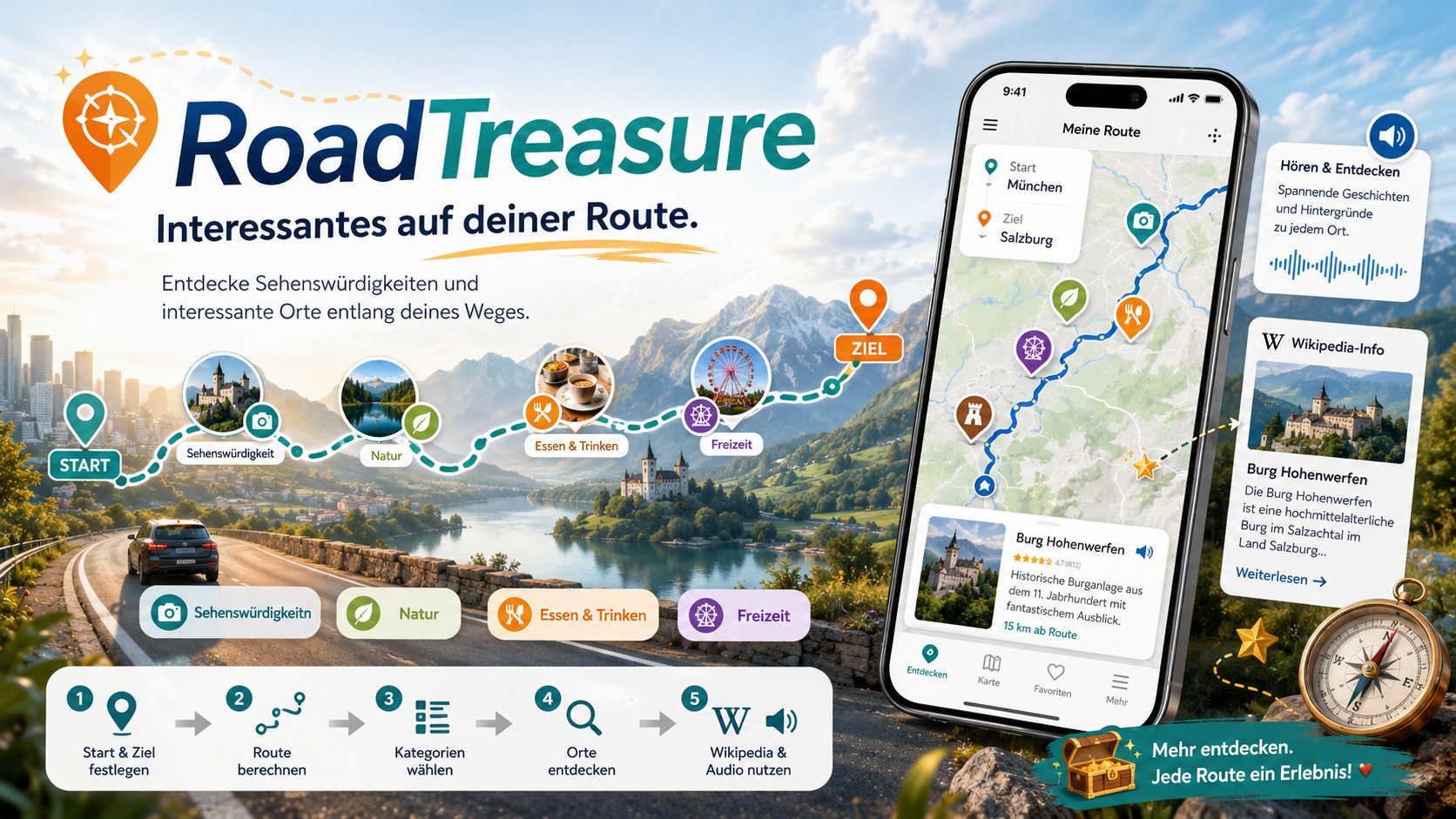 RoadTreasure – Promoansicht zum Entdecken interessanter Orte entlang einer Route